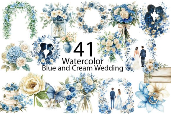 Blue and Cream Wedding Clipart: Elegant Design Elements