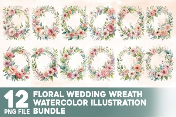 Floral Wedding Wreath Watercolor Bundle: Design Assets