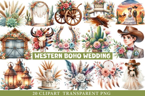 Western Boho Wedding Clipart Bundle: Rustic Elegance for Your Designs