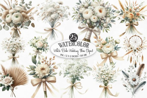 White Boho Wedding Floral Bouquet: Elegant Design Assets